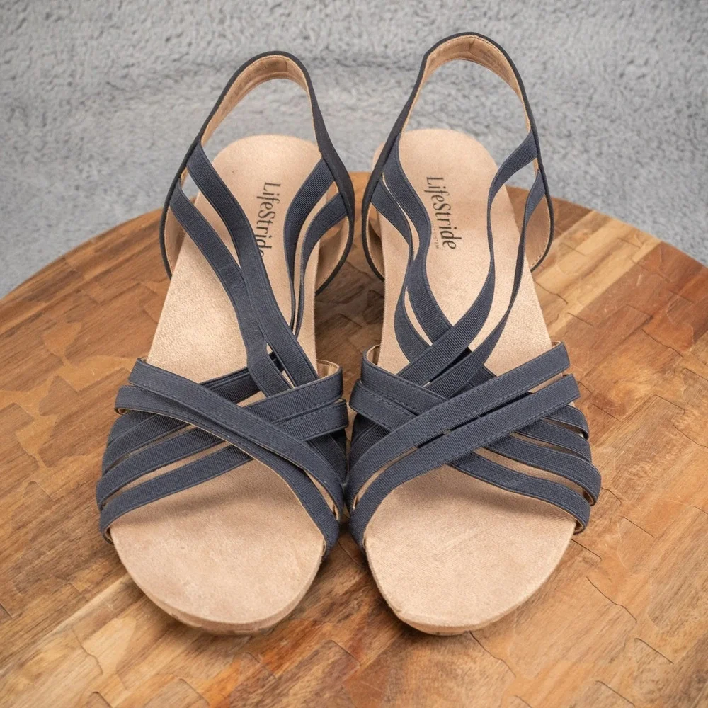 LIFESTRIDE WOMEN HEEL SANDAL US 9.5 M MALLORY BLUE MICRO STRAPPY WEDGE